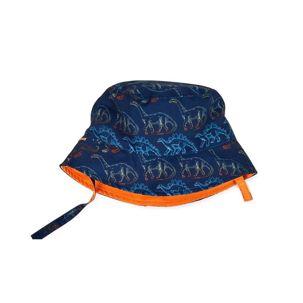 Toddler Boys Bucket Hat w Chin Strap Reversible Blue Dinosaurs Orange One Size